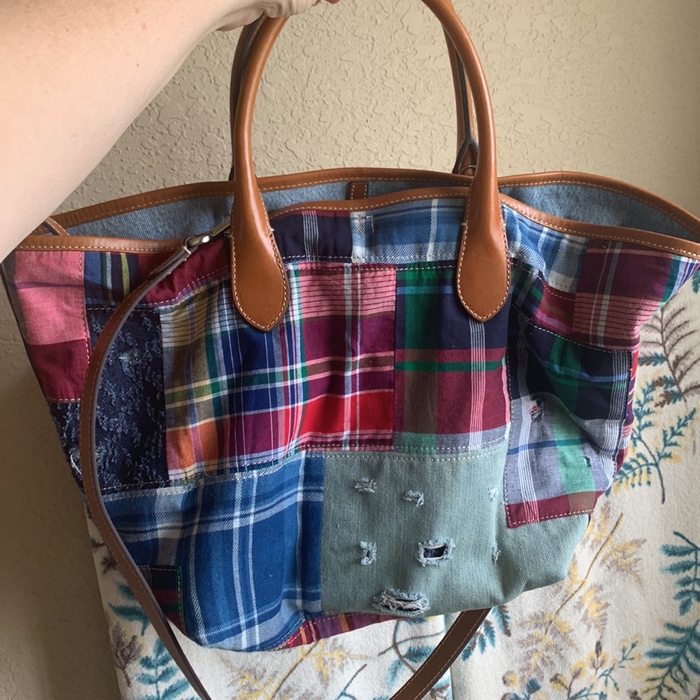 Polo Ralph Lauren Bellport Madras Tote Distressed Patchwork - Picture 8 of 12